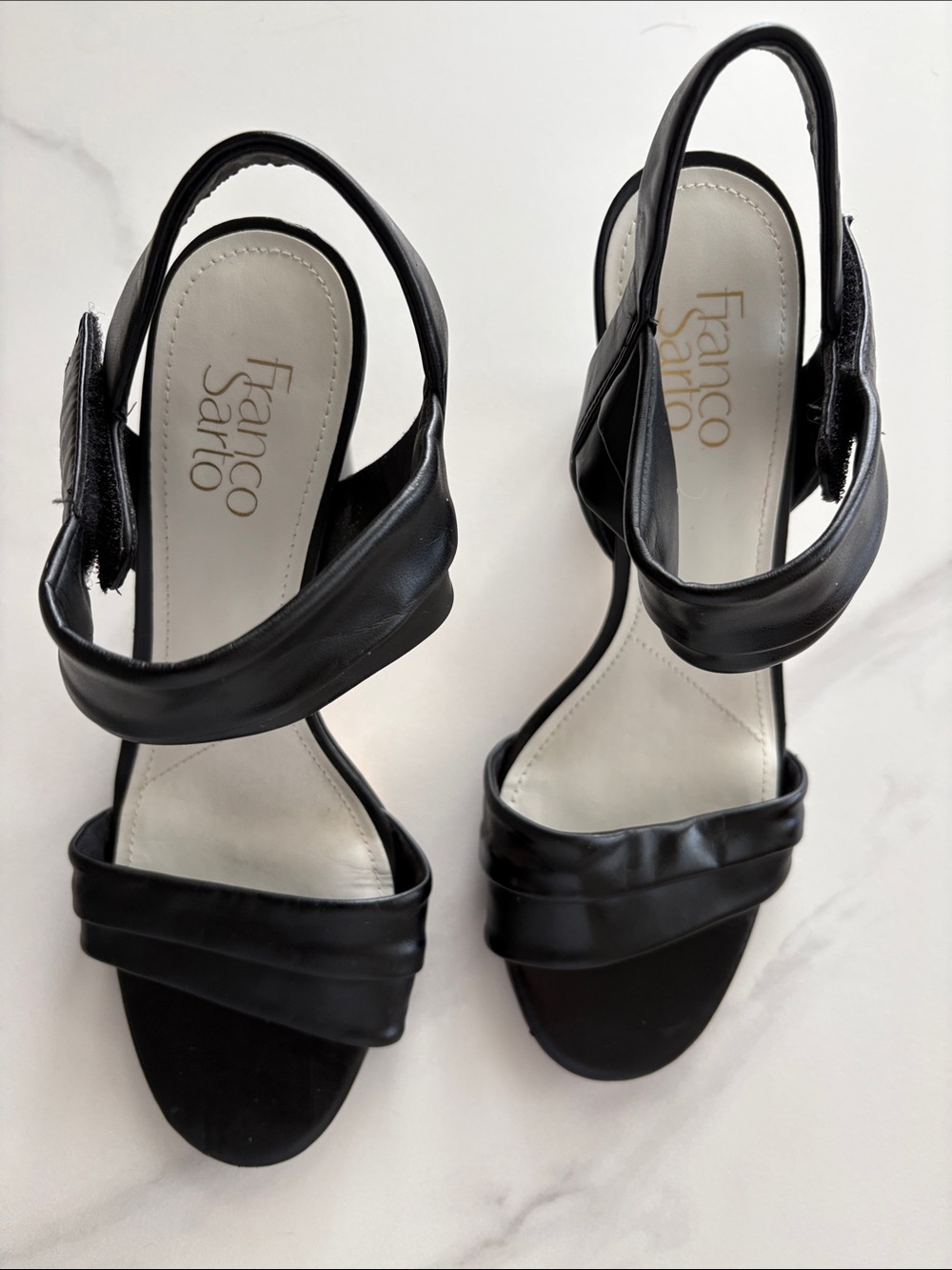 Franco Sarto Black Leather Twist Strap Slingback Heels